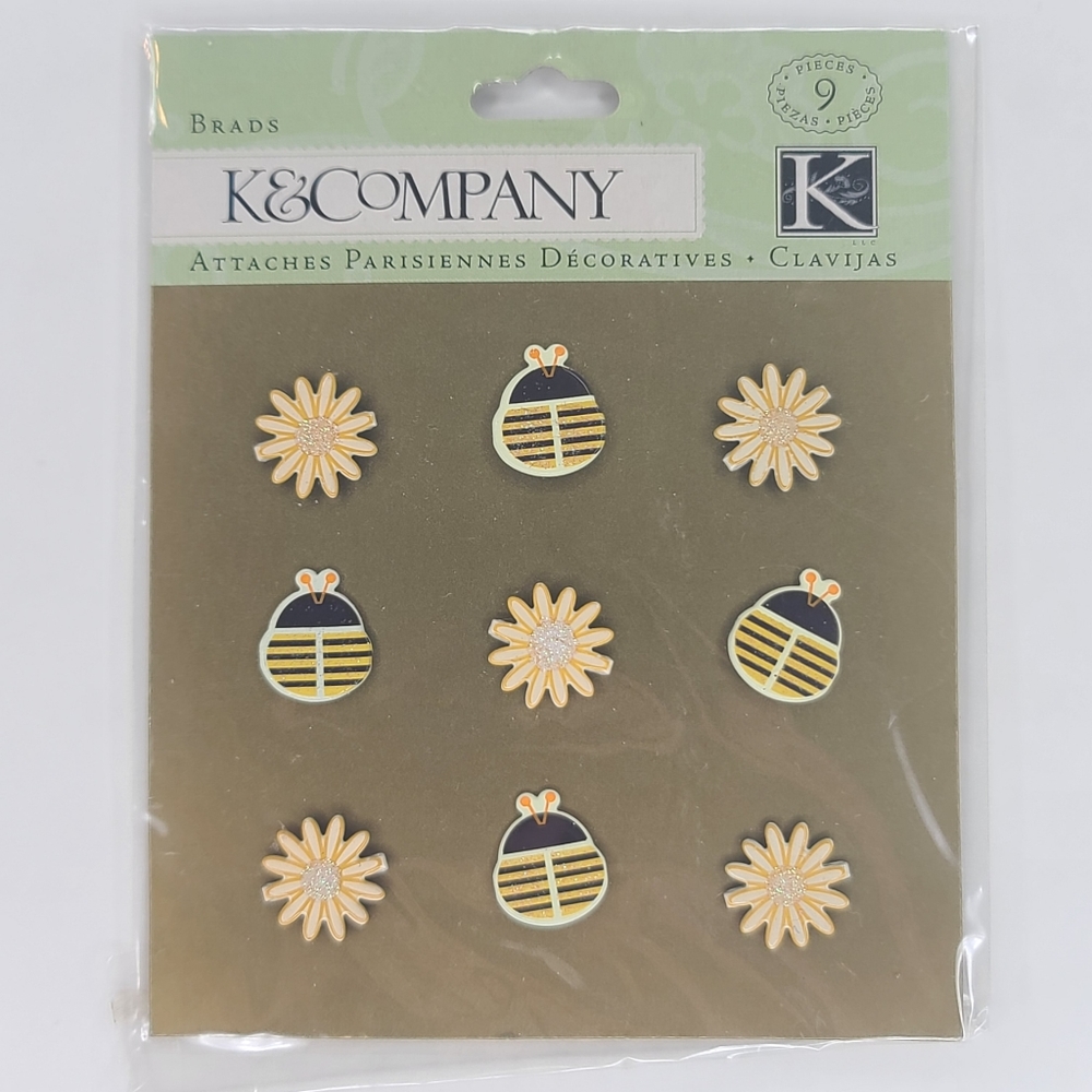 K&Company Brads Bugs And Daisies Brads 9 pcs Bees Spring Summer Brads